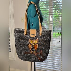 Straw Black and Tan Owl Tote Bag